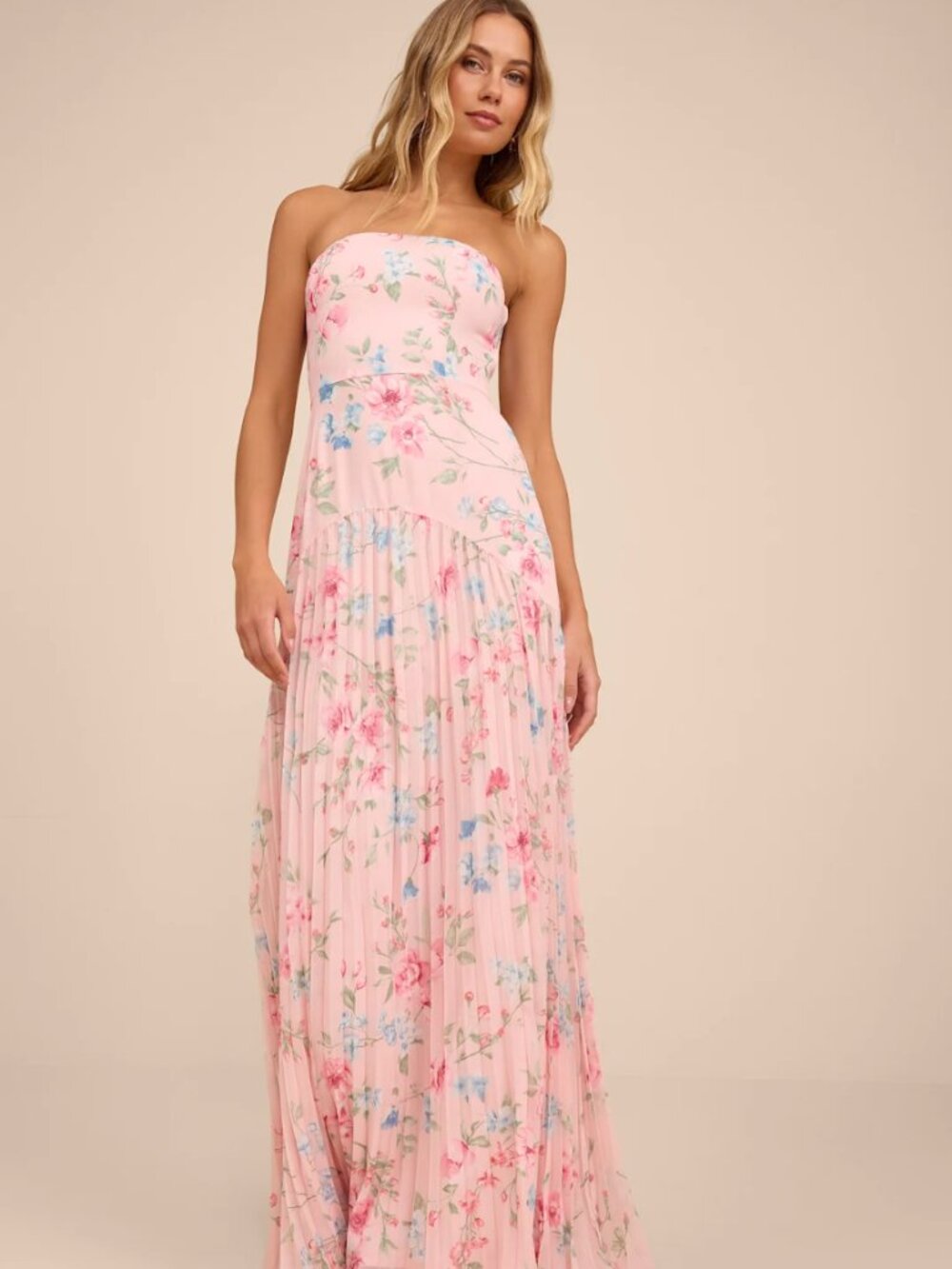 X-Large Lulus Celebratory Aesthetic Pink Floral Pleated Strapless Maxi Dress XL